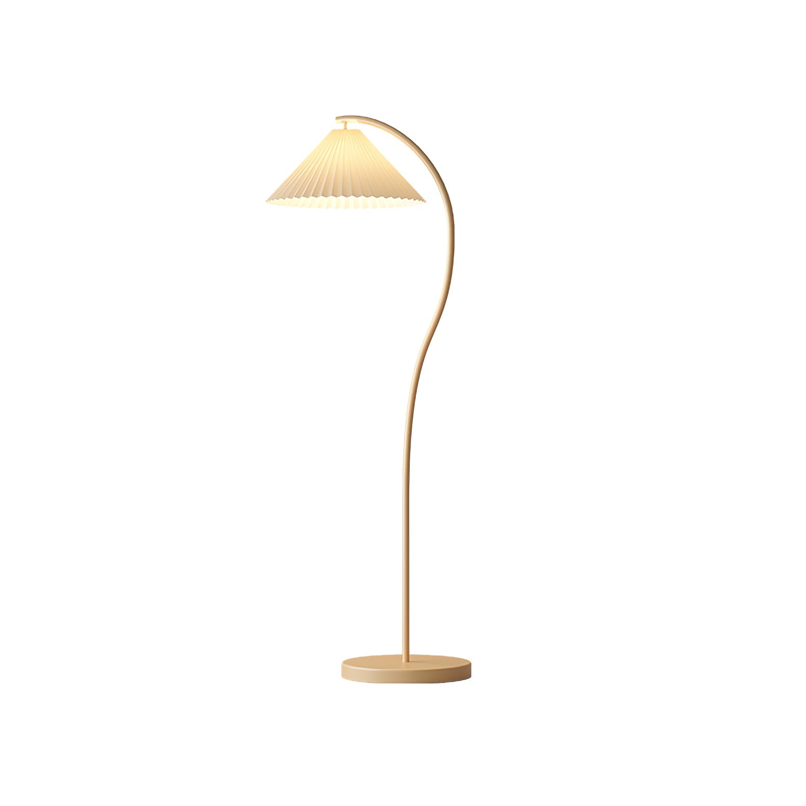 Pleated floor lamp shown in a bright, minimal interior