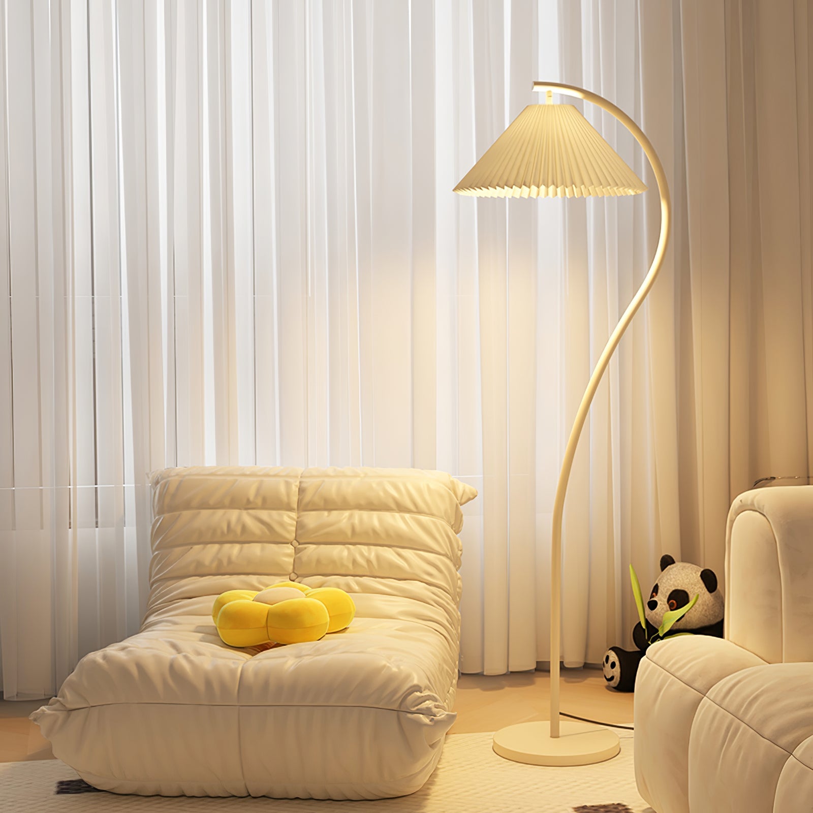 Pleated floor lamp shown full length against a neutral interior
