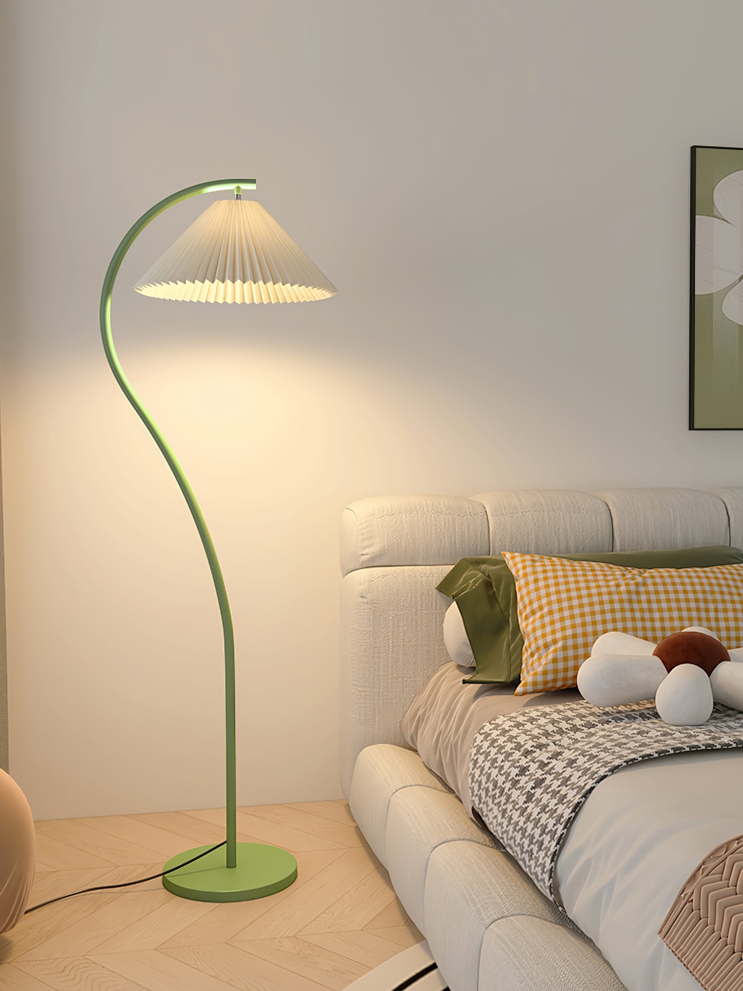 Pleated floor lamp with beech wood frame in a bedroom