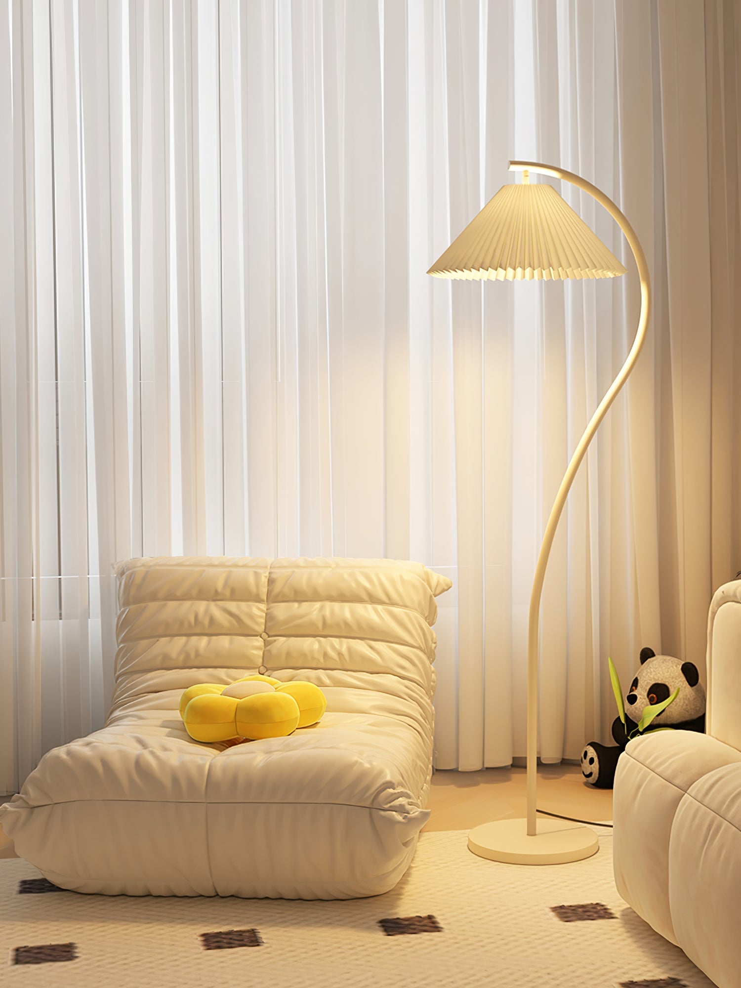 Pleated linen floor lamp standing in a bright interior