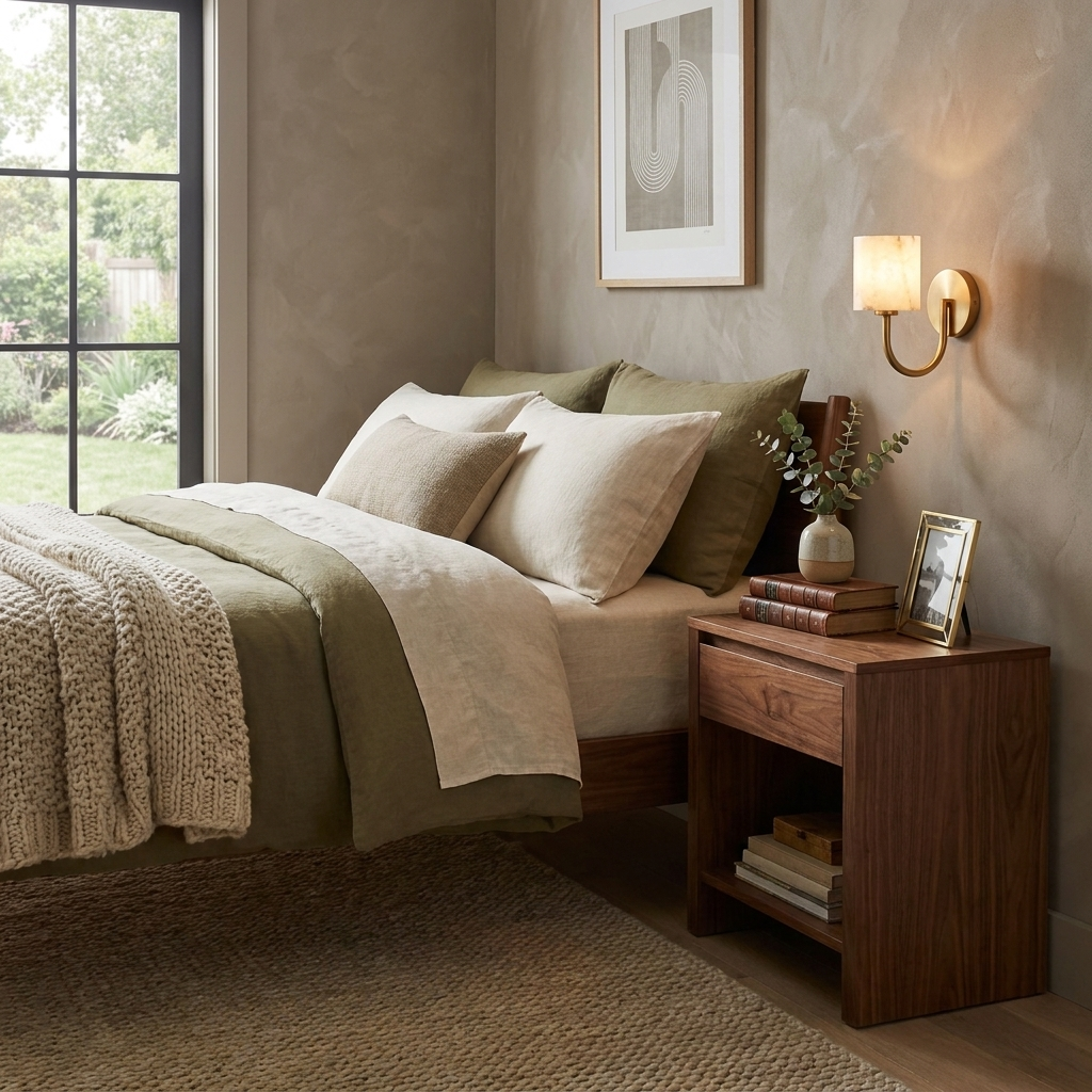 In a plaster-walled bedroom, a brushed brass Clérachic wall sconce lights a walnut nightstand at dusk.
