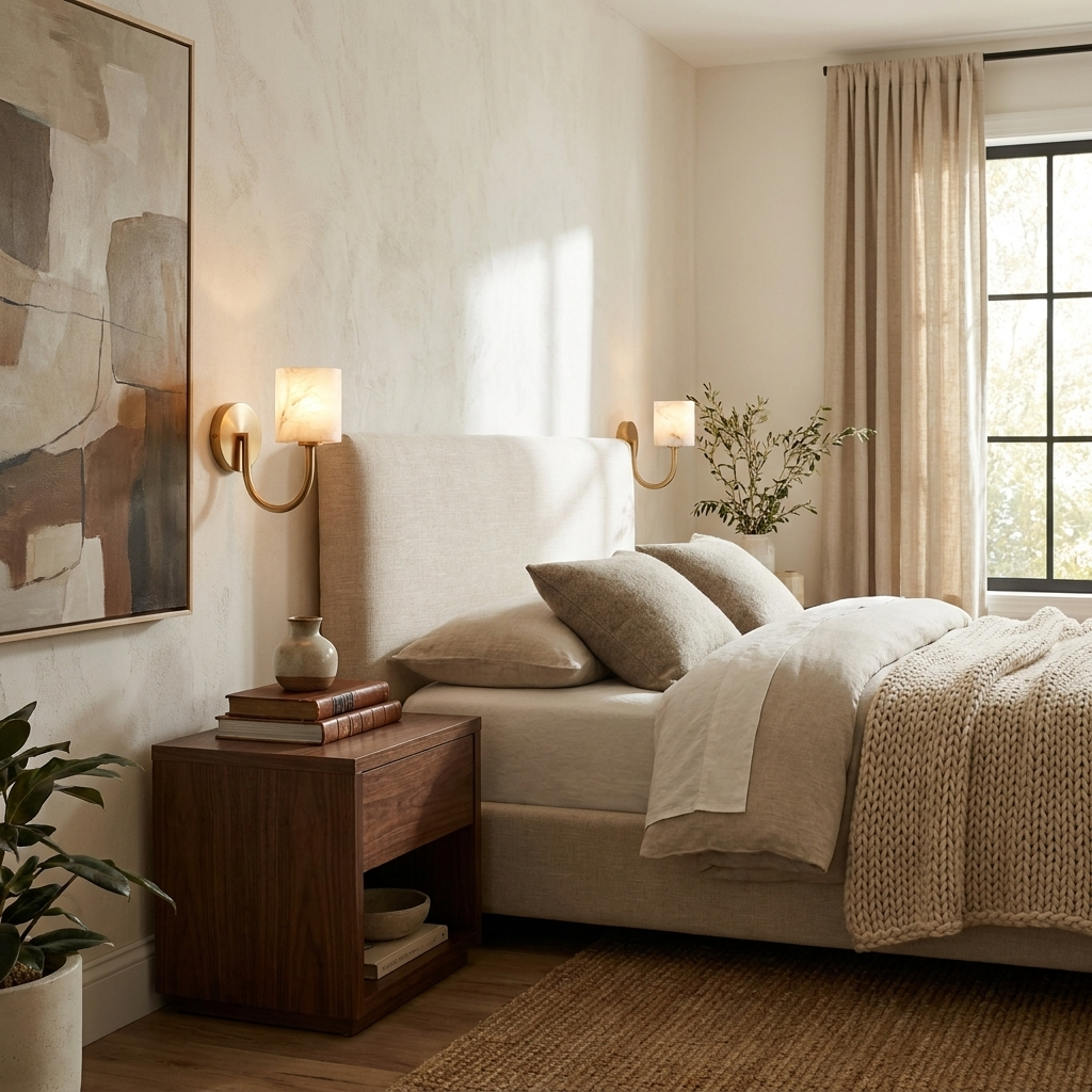 Flanking the bed, two brass Clérachic wall sconces glow softly above matching walnut nightstands.