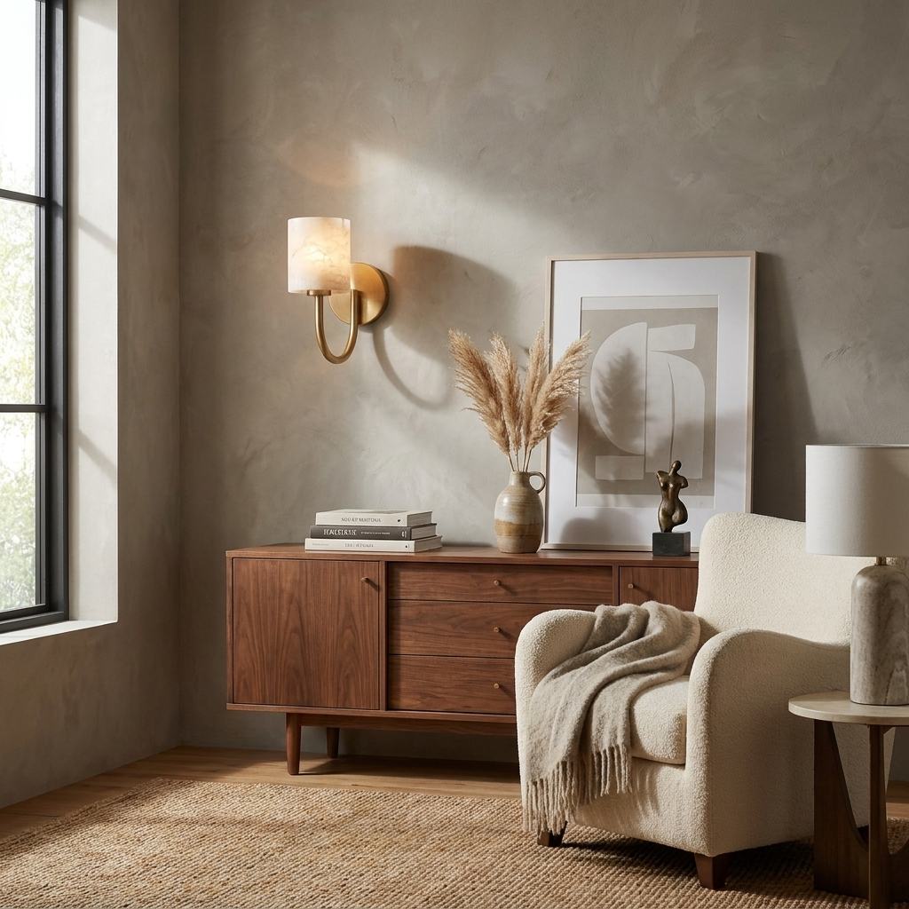 Beside a linen armchair, a brushed brass Clérachic sconce lights a walnut console table and jute rug.