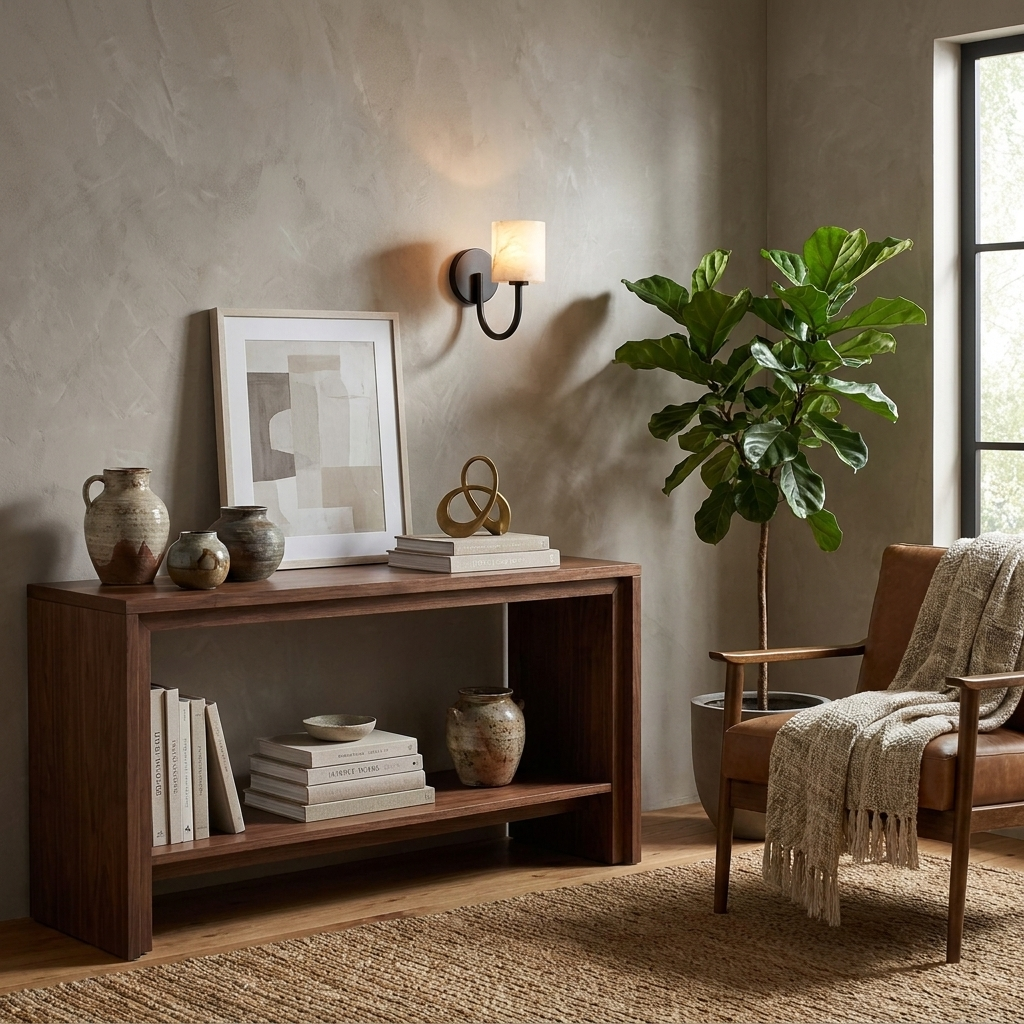 Beside a potted fig, a matte black Clérachic wall sconce lights a wooden console in a living room corner.