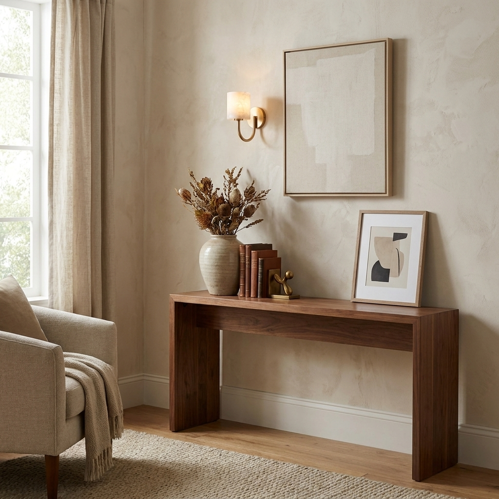 Above a walnut console styled with a vase and framed art, this brass Clérachic wall sconce glows warmly.