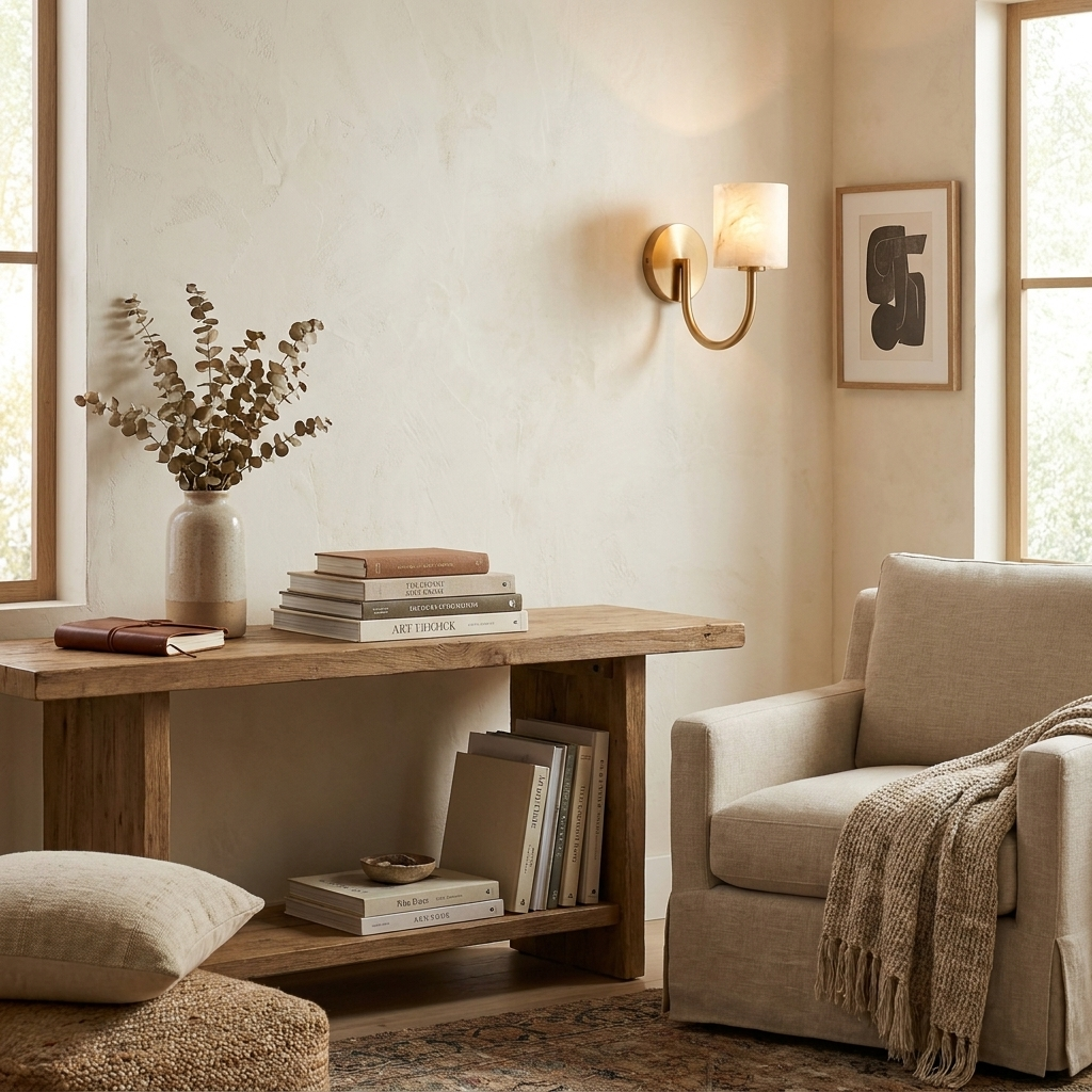 In a reading corner with an upholstered armchair, a brass Clérachic wall sconce lights a low storage bench below.