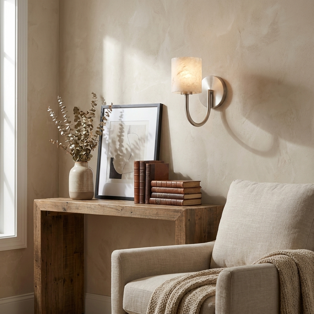 This Clérachic wall sconce in brushed nickel glows above a reclaimed-wood console styled with books.