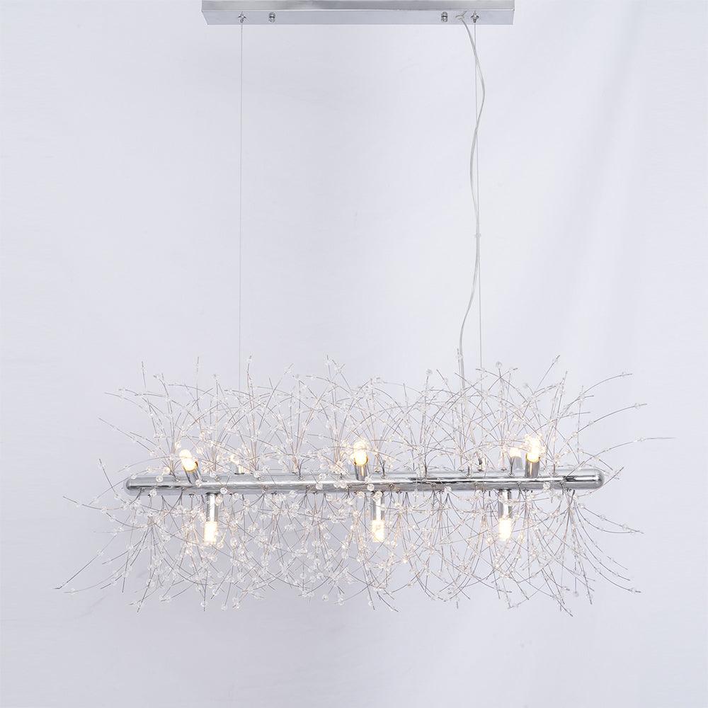 Product shot of a chrome-finish rectangular bar pendant with crystal-tipped branches, a different Clérachic fixture from this chandelier.