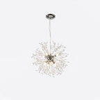 Product shot of this Clérachic chandelier in a chrome finish, its full cord and ceiling rose shown on a white backdrop.