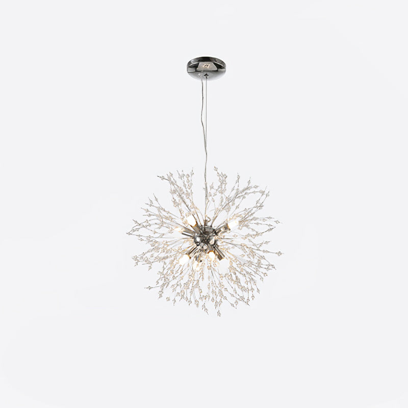 Product shot of this Clérachic chandelier in a chrome finish, its full cord and ceiling rose shown on a white backdrop.