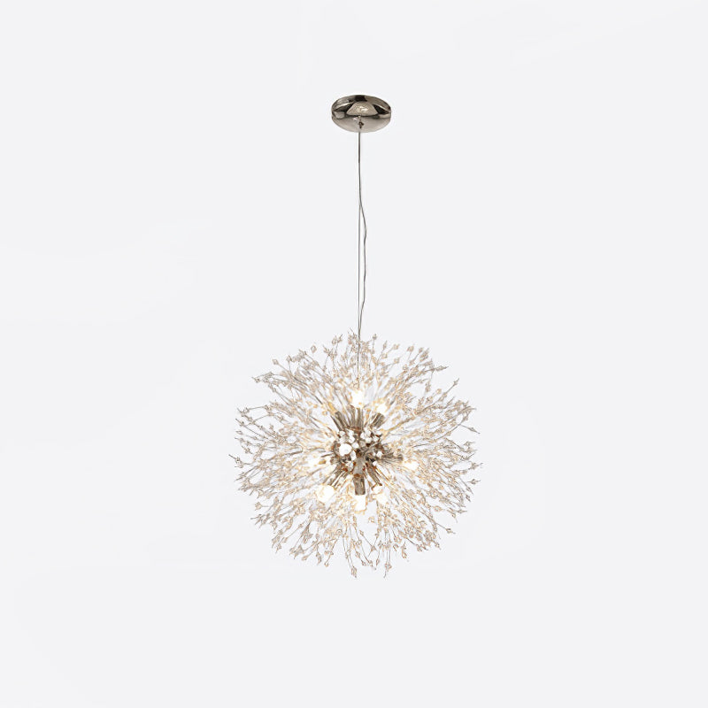 Product shot of this Clérachic chandelier in a chrome finish, its cord and ceiling rose shown above the crystal-tipped sphere.