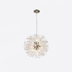 Product shot of this Clérachic chandelier in a chrome finish, its cord and ceiling rose shown above the crystal-tipped sphere.