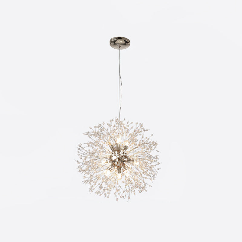 Product shot of this Clérachic chandelier in a chrome finish, its branches forming a full sphere on a white backdrop.