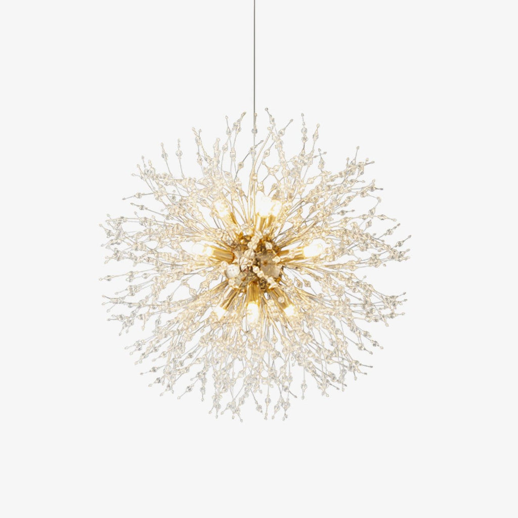 Product shot of this Clérachic chandelier on a white backdrop, its gold arms radiating into a dense sphere of crystal-tipped branches.