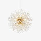 Product shot of this Clérachic chandelier on a white backdrop, its gold arms radiating into a dense sphere of crystal-tipped branches.