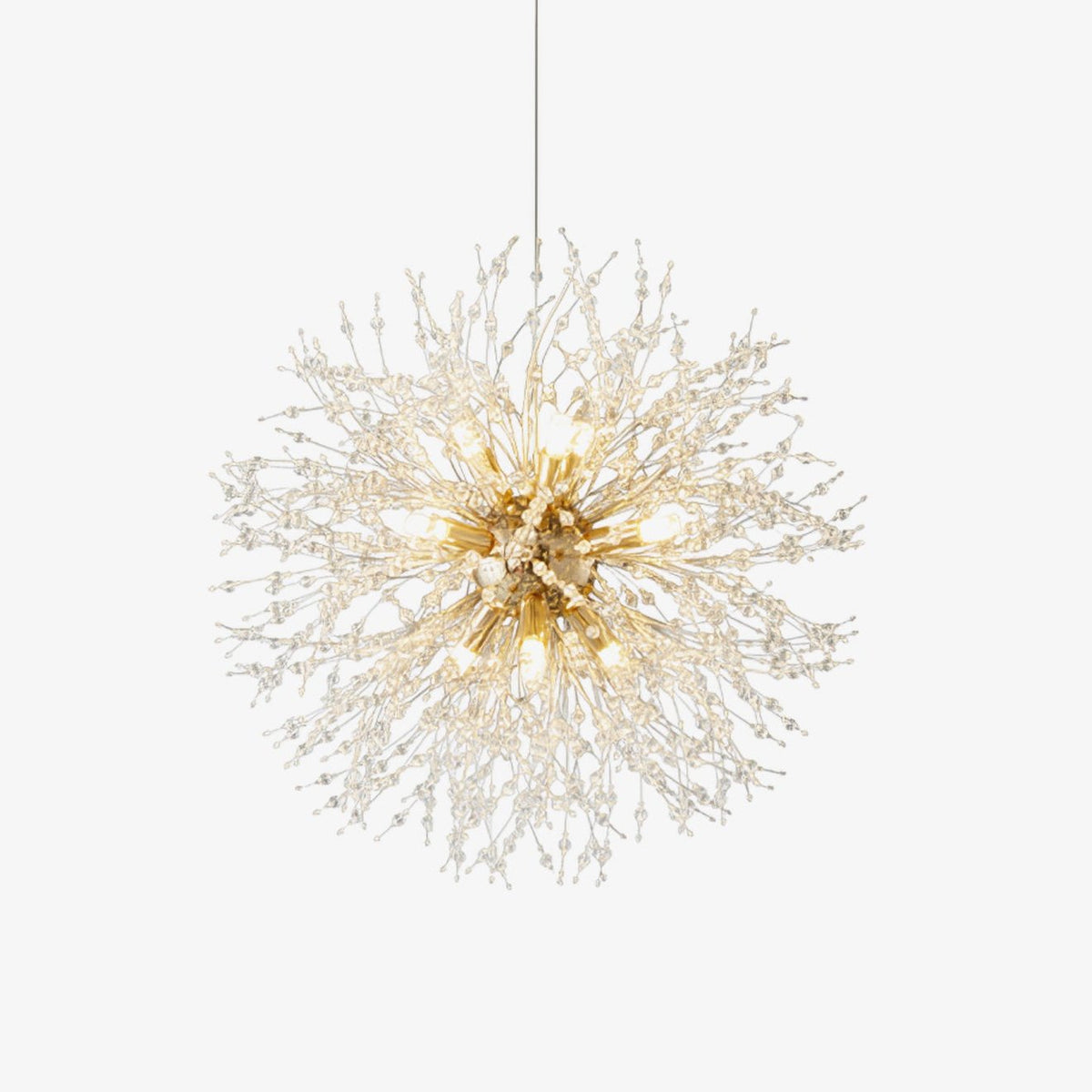 Product shot of this Clérachic chandelier on a white backdrop, its gold arms radiating into a dense sphere of crystal-tipped branches.
