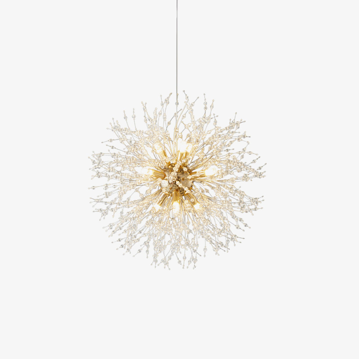 Another product shot of this Clérachic chandelier in a gold finish, framed slightly closer against a white backdrop.