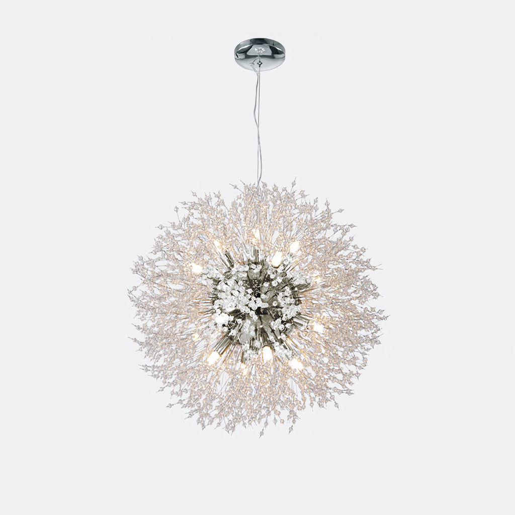 Product shot of this Clérachic chandelier in a chrome finish, its centre hub visible among dense crystal-tipped branches.