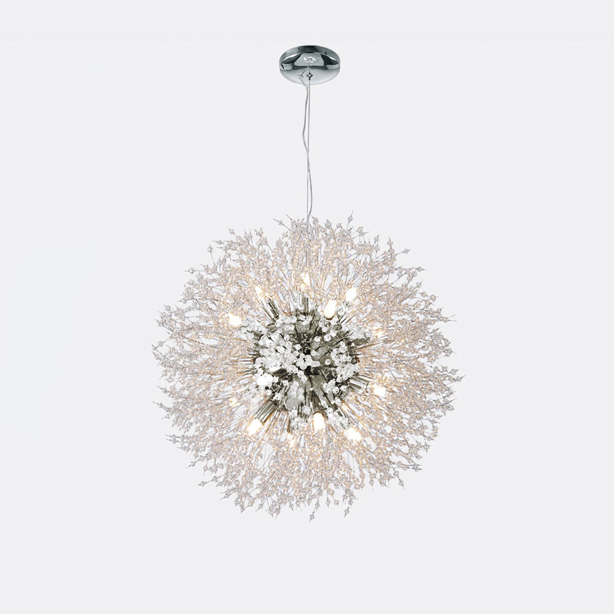 Product shot of this Clérachic chandelier in a chrome finish, its centre hub visible among dense crystal-tipped branches.