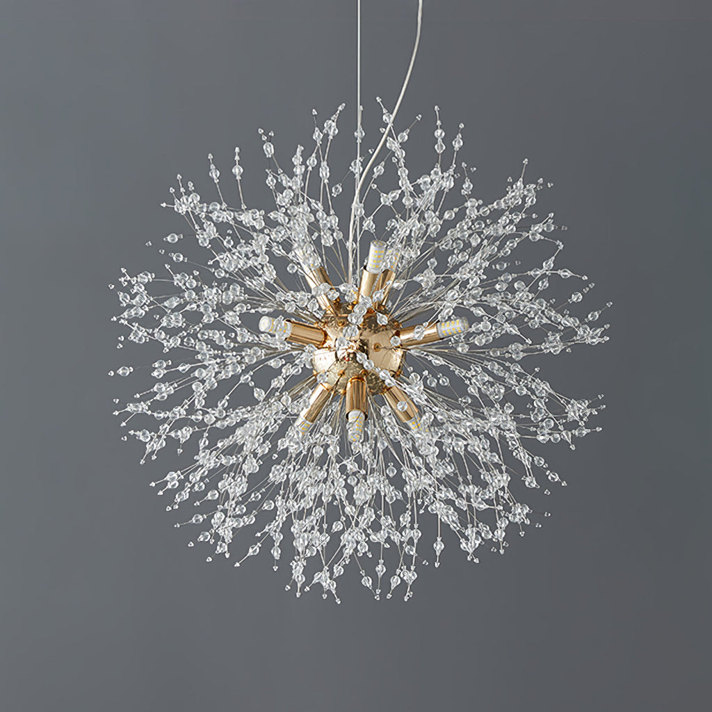 Product shot of this Clérachic chandelier in a chrome finish against a dark charcoal backdrop, its cord fully visible.