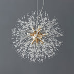 Product shot of this Clérachic chandelier in a chrome finish against a dark charcoal backdrop, its cord fully visible.