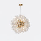 Product shot of this Clérachic chandelier in a gold finish, its cord and ceiling rose shown above the crystal-tipped sphere.