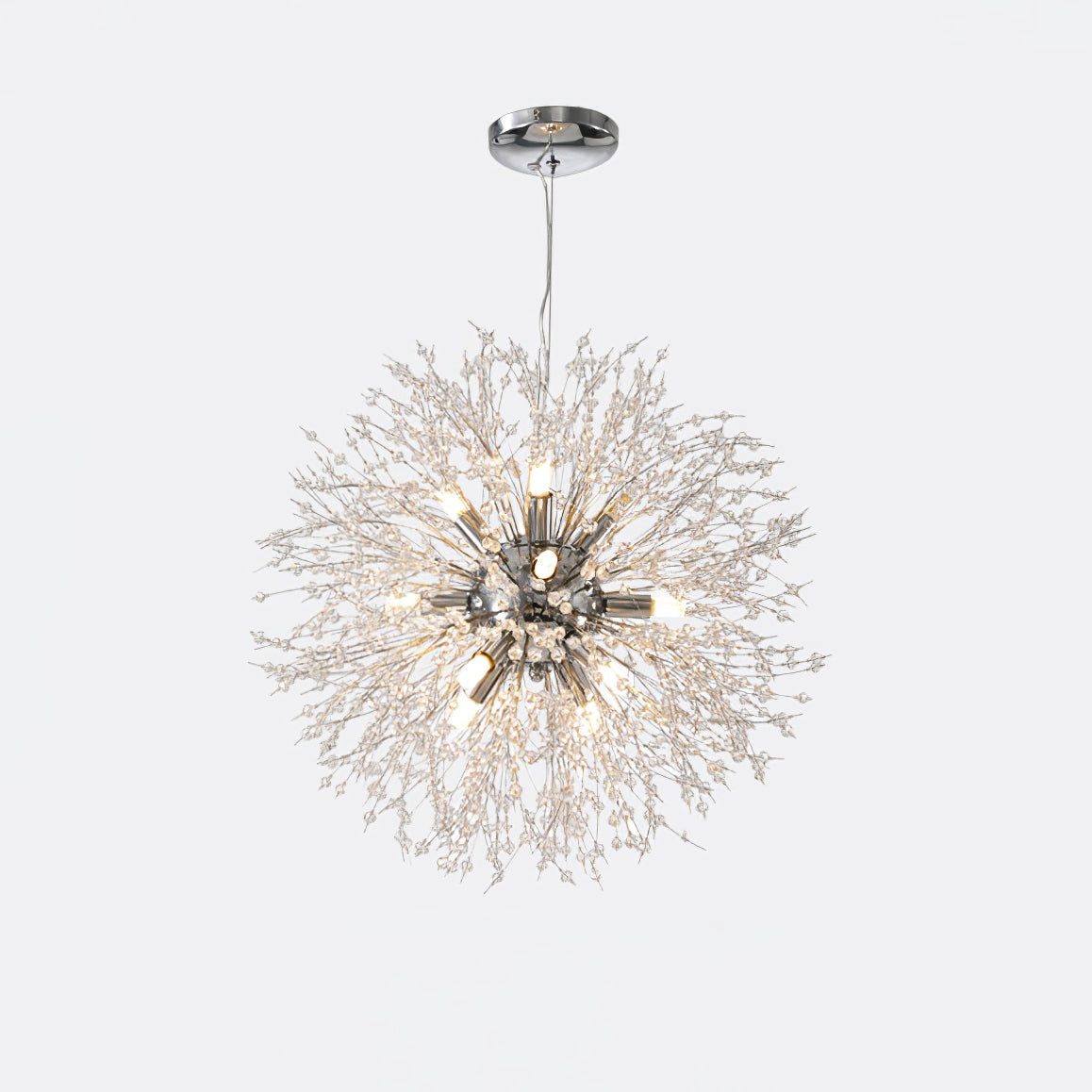 Product shot of this Clérachic chandelier in a chrome finish, its full cord and ceiling rose visible against a white backdrop.