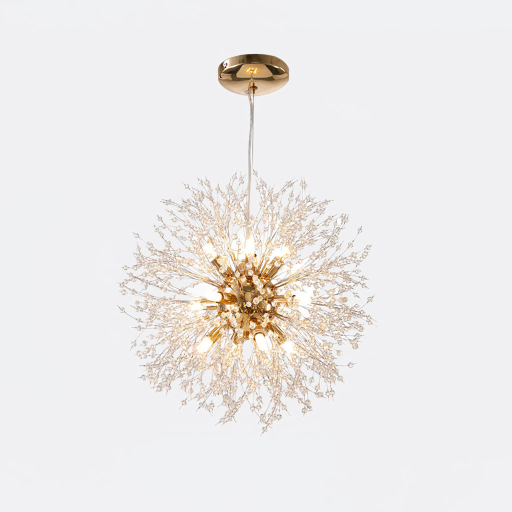 Product shot of this Clérachic chandelier in a gold finish, its full cord and gold ceiling rose visible against a white backdrop.