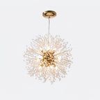 Product shot of this Clérachic chandelier in a gold finish, its full cord and gold ceiling rose visible against a white backdrop.