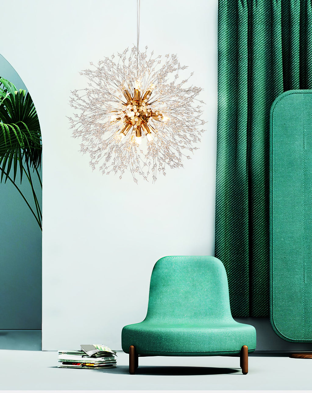 This Clérachic chandelier hangs beside a teal accent chair in front of a pale green curtain backdrop.