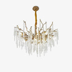 Another view of the round chandelier on white, the brass branch frame clearly visible above the drops.