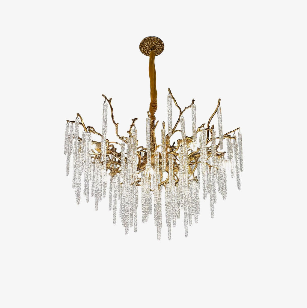 The round chandelier on pale grey, showing the full drop from ceiling rose to the lowest icicle.