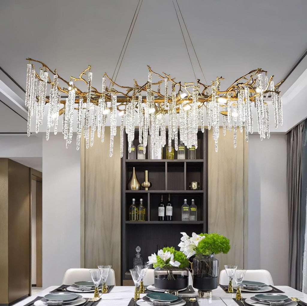 The linear version lit above a laid dining table, with a dark wine shelf on the wall behind.