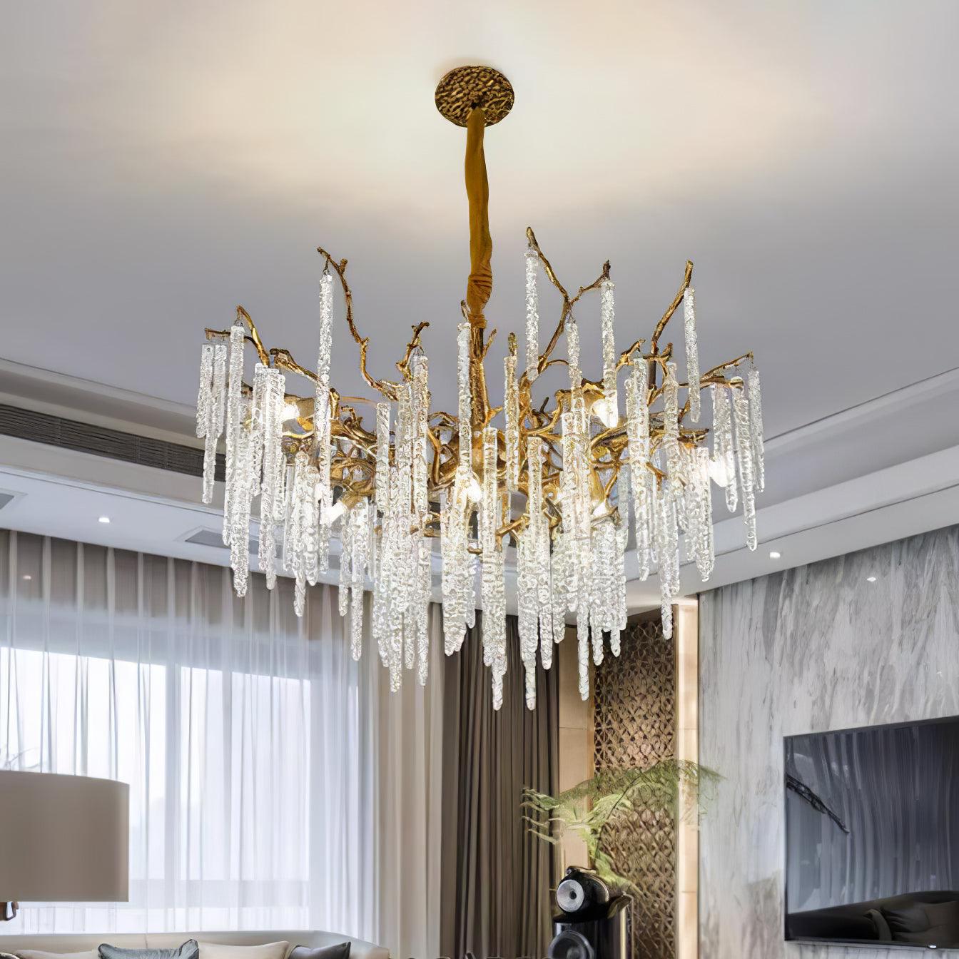 Lit in a living room beside full-height curtains, with a marble wall and television behind.