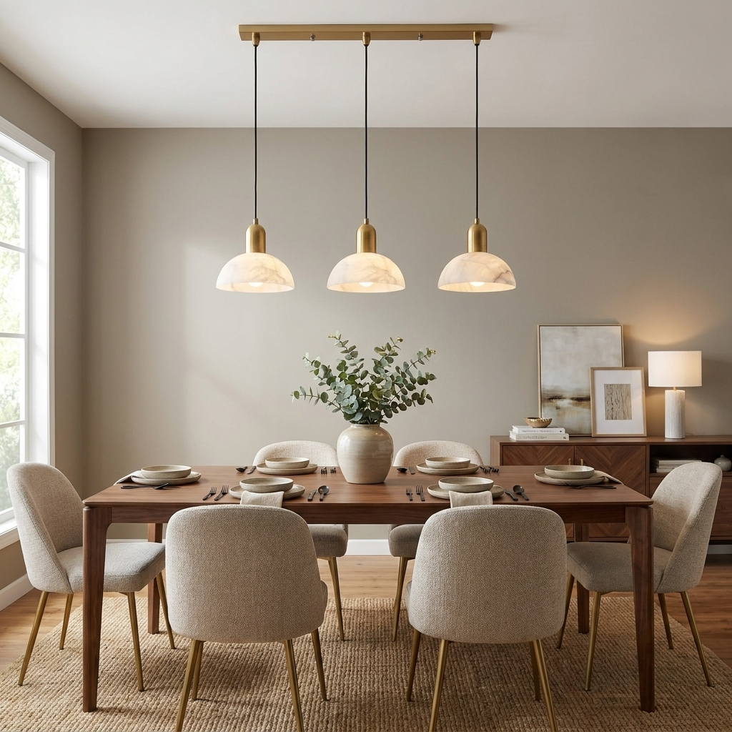 Three brass-mounted alabaster domes on this Clérachic pendant hang above a walnut table with beige upholstered chairs.
