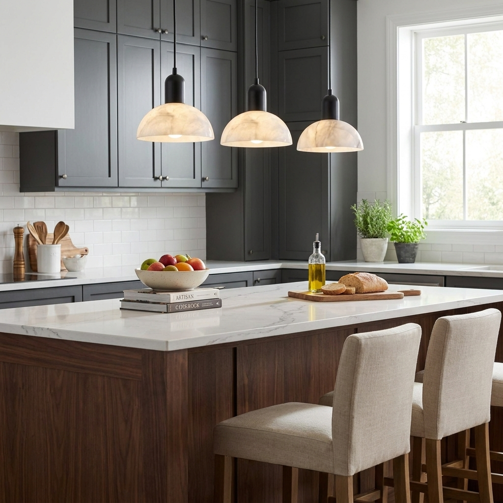 Hung above a dark-wood kitchen island, this matte-black Clérachic pendant lights three alabaster domes in a row.