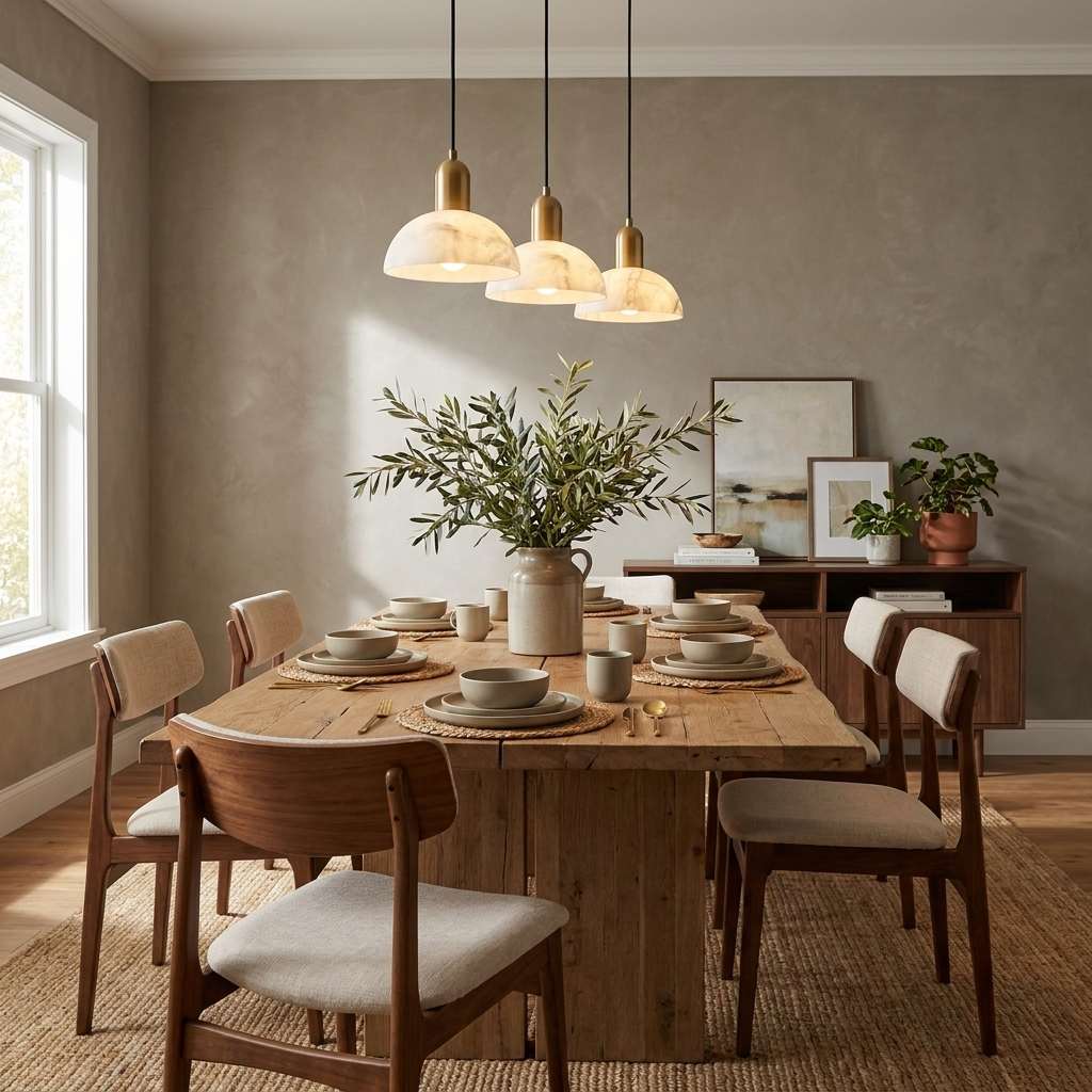 Over a rustic wood table with wishbone chairs, this brass Clérachic pendant lights a dining room.