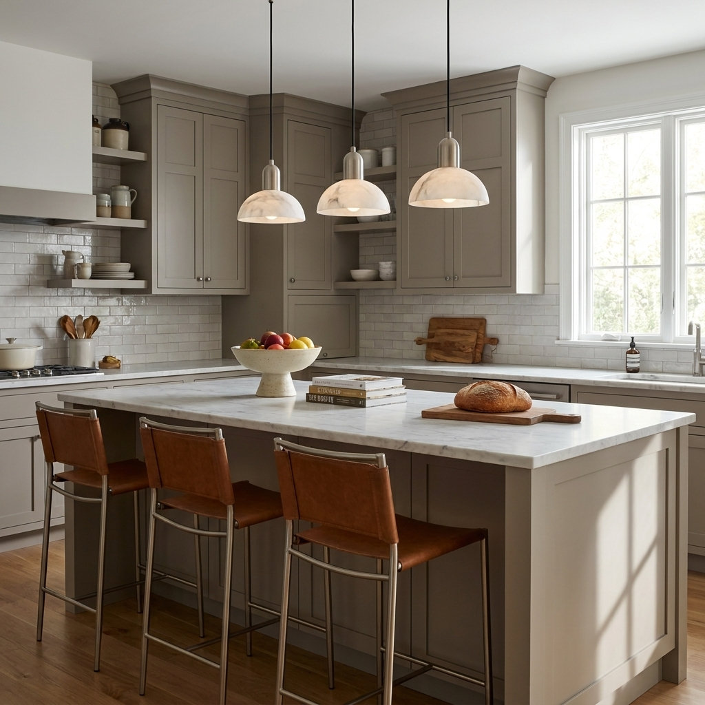 Hung in brushed nickel over a kitchen island, this Clérachic pendant lights rust-leather counter stools.