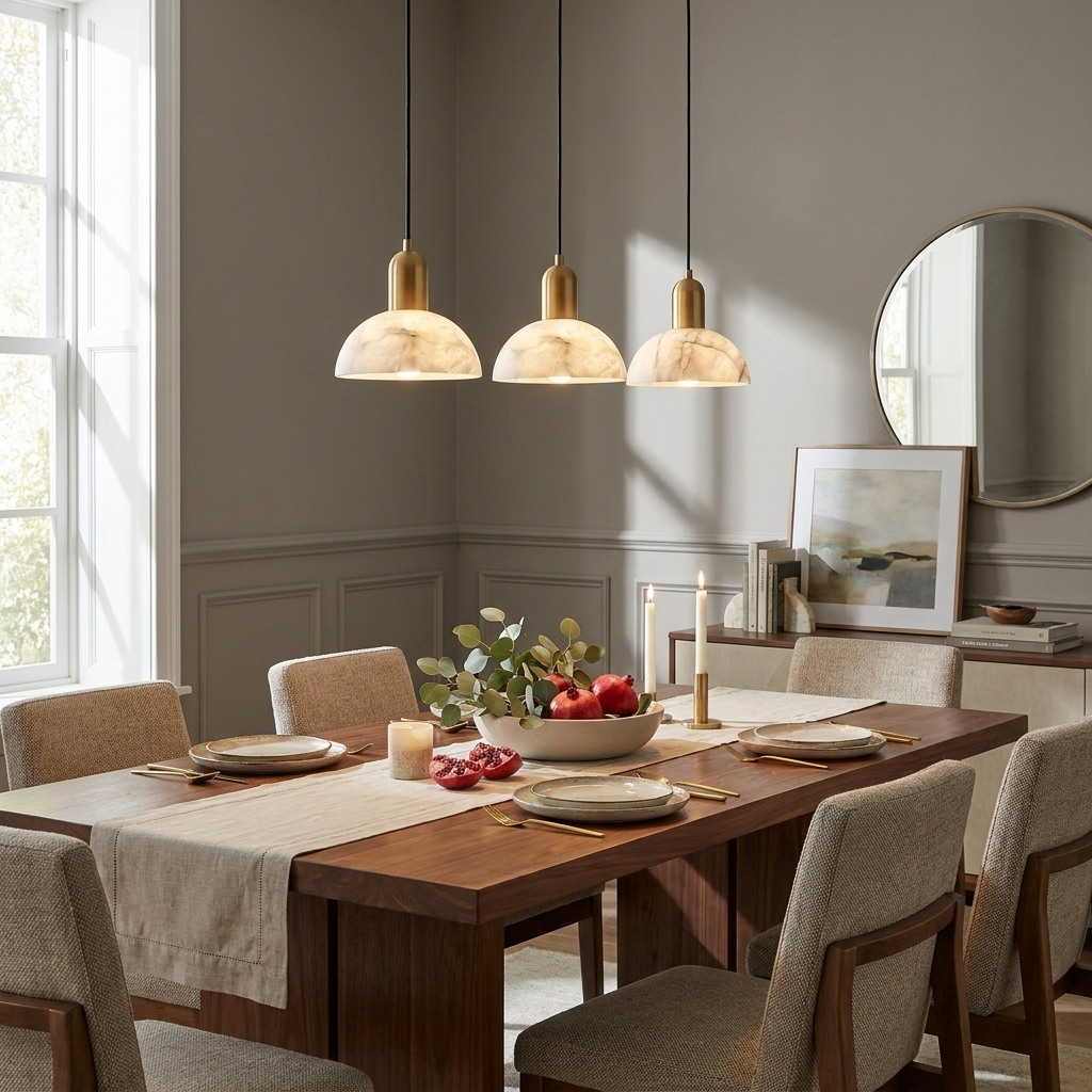 Above a walnut table near a round mirror, this brass Clérachic pendant lights a dining corner.