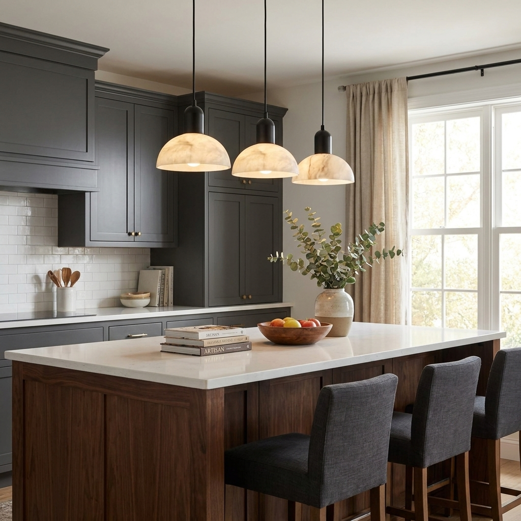 Above a dark island with charcoal stools, this black Clérachic pendant lights a grey-cabinet kitchen.