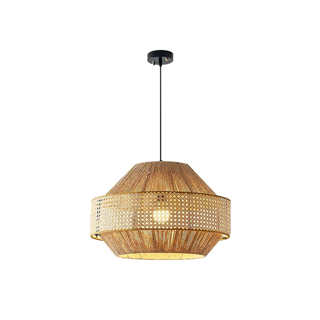 Unlit and in natural rattan, this Clérachic pendant's lower band shows a tighter, fine woven grid.