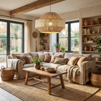 Exposed beams and a corner sofa surround this lit Clérachic pendant above a rustic wood coffee table.