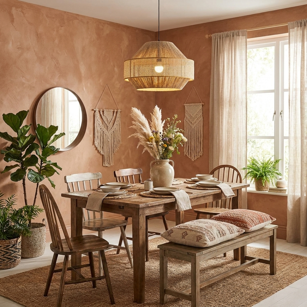 A natural woven-rattan Clérachic pendant lights a rustic dining table beneath macramé wall art on a terracotta wall.