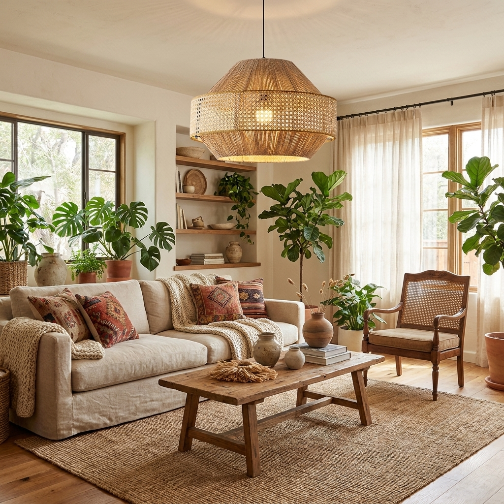Tall windows and leafy houseplants frame this Clérachic pendant as it lights a bright, linen-draped living room.