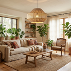 Tall windows and leafy houseplants frame this Clérachic pendant as it lights a bright, linen-draped living room.