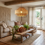 A jute rug and rustic coffee table sit beneath this glowing Clérachic pendant in a plant-filled living room.