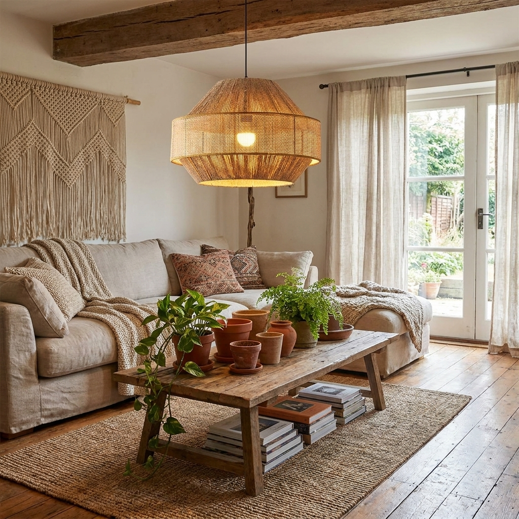 A jute rug and rustic coffee table sit beneath this glowing Clérachic pendant in a plant-filled living room.