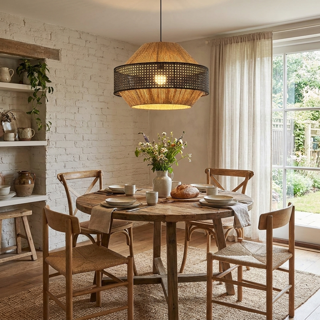 Wishbone chairs surround a round table beneath this Clérachic pendant in a brick-walled dining nook.