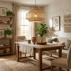 Set with a pitcher and fresh flowers, a long dining table glows beneath this Clérachic pendant.