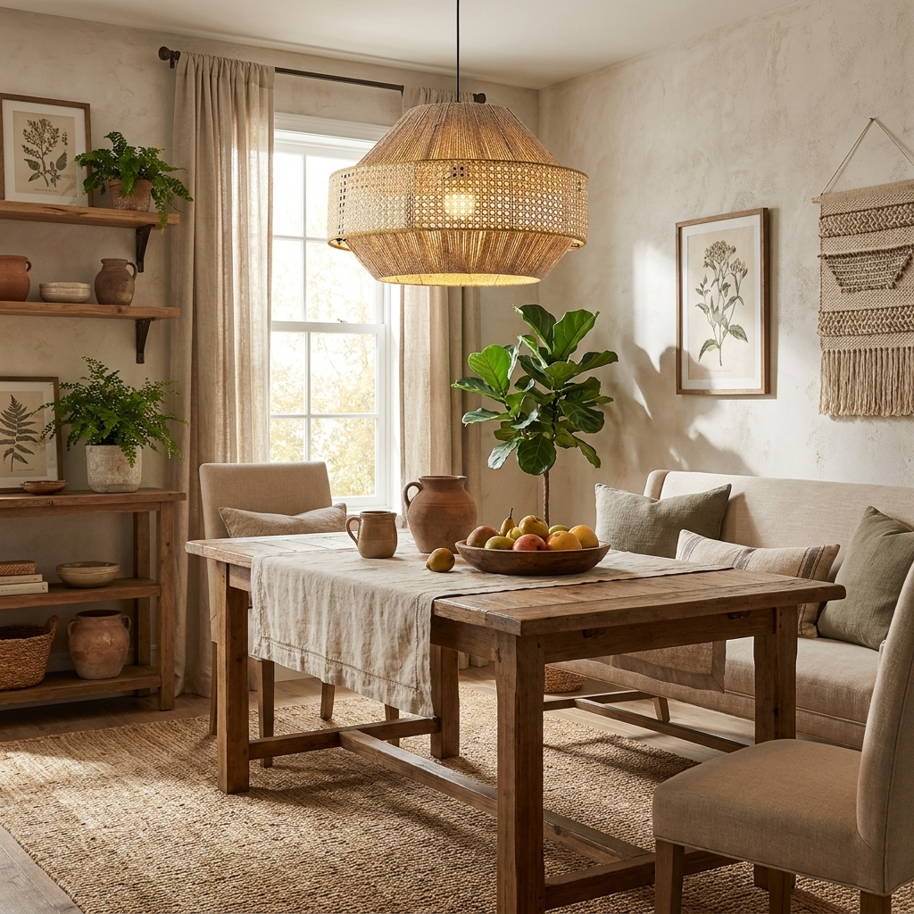 Set with a pitcher and fresh flowers, a long dining table glows beneath this Clérachic pendant.